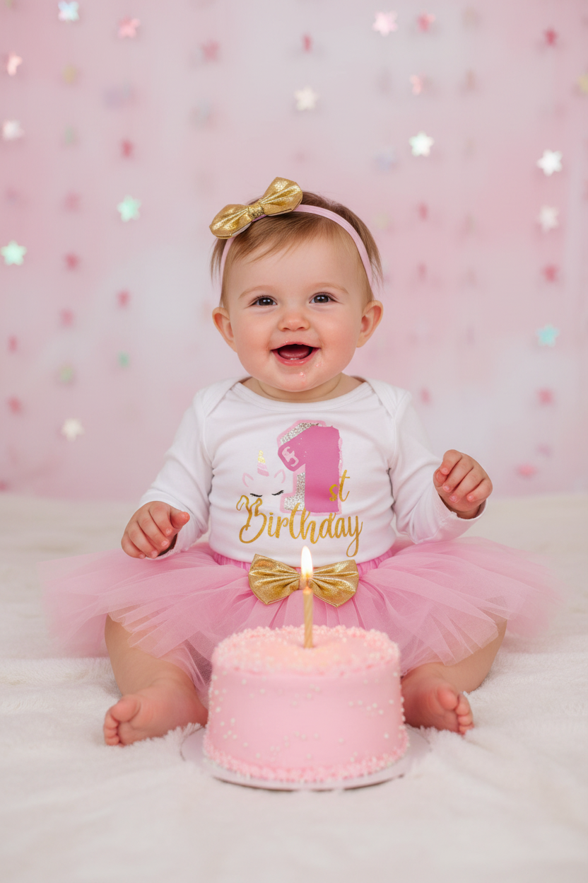 Baby girl wearing the 3pc Pink 1st Birthday Tutu Set in front of a pink birthday cake