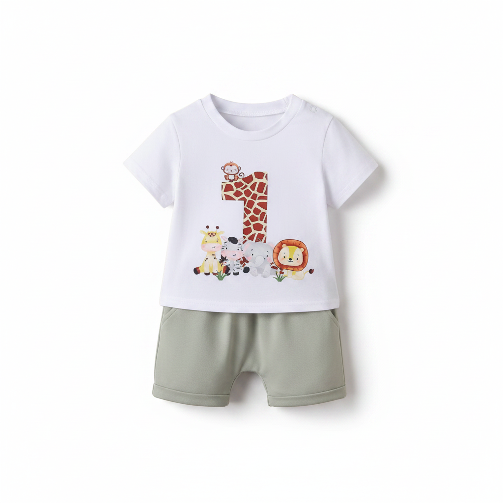 2pc Animal 1st Birthday Safari Set flat lay on white background