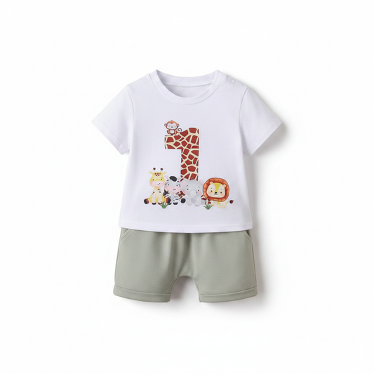 2pc Animal 1st Birthday Safari Set flat lay on white background