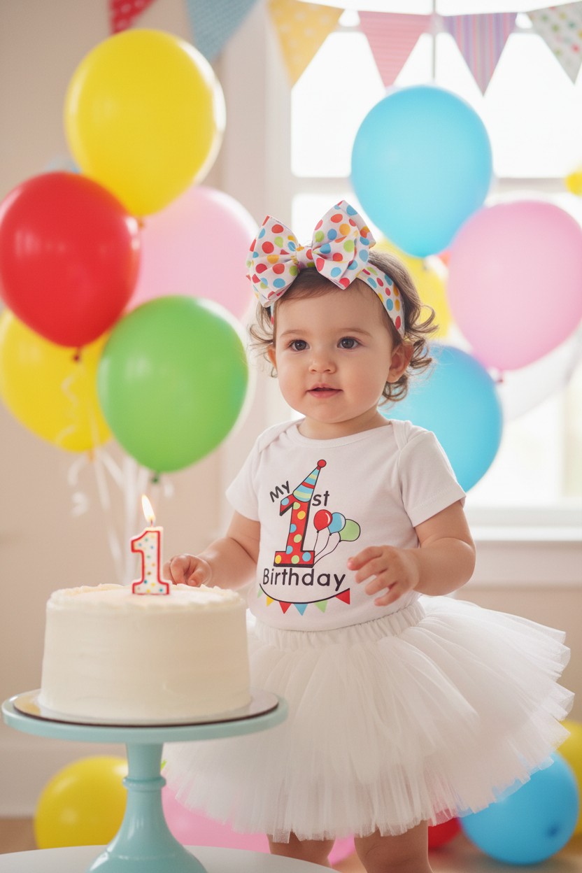 Baby girl wearing the 1st Birthday Bodysuit with a white tutu skirt at a 1st birthday party