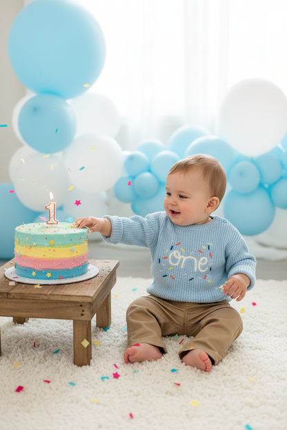 Baby boy wearing the Light Blue Knitted One Jersey with khaki chinos at a 1st birthday party
