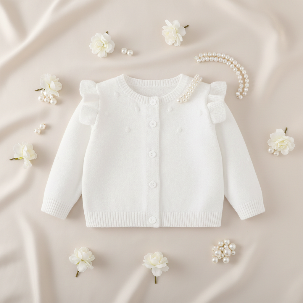 White Knitted Cardigan styled with white flowers and pearls on neutral cream background