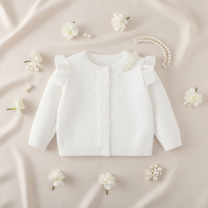 White Knitted Cardigan styled with white flowers and pearls on neutral cream background
