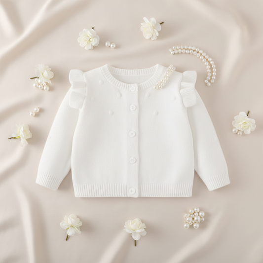 White Knitted Cardigan styled with white flowers and pearls on neutral cream background